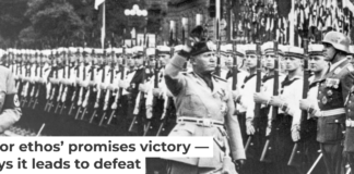Hitler and Mussolini salute Nazi troops in 1937. Bettmann/Getty Images